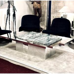 Coffee Table In Quartzite Stone, Stainless Steel And Aluminum France 2000s