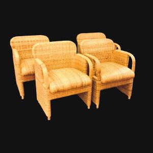 Suite Of 4 Italian Rattan Armchairs Model Tlinkit From The 1980s/90s By Gae Aulenti