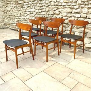 Set Of 6 Scandinavian Chairs From The 1960s/70s In Solid Beech And Teak