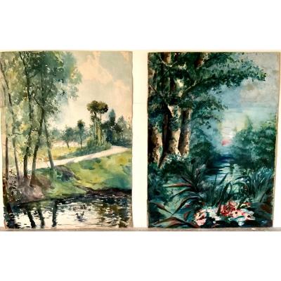 Two Gouache Watercolors Representing Landscapes