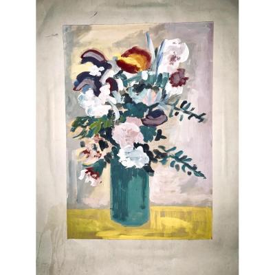 Peinture Sur Carton « bouquet De Fleurs » école Française Années 1960/80