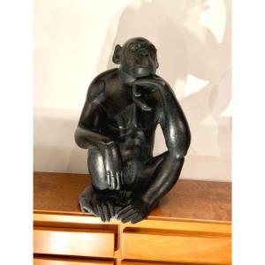 Sculpture Animalière « bonobo Pensif » De Florence Jacquesson