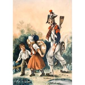 Gouache Representing A Wounded Napoleonic Soldier With 2 Children