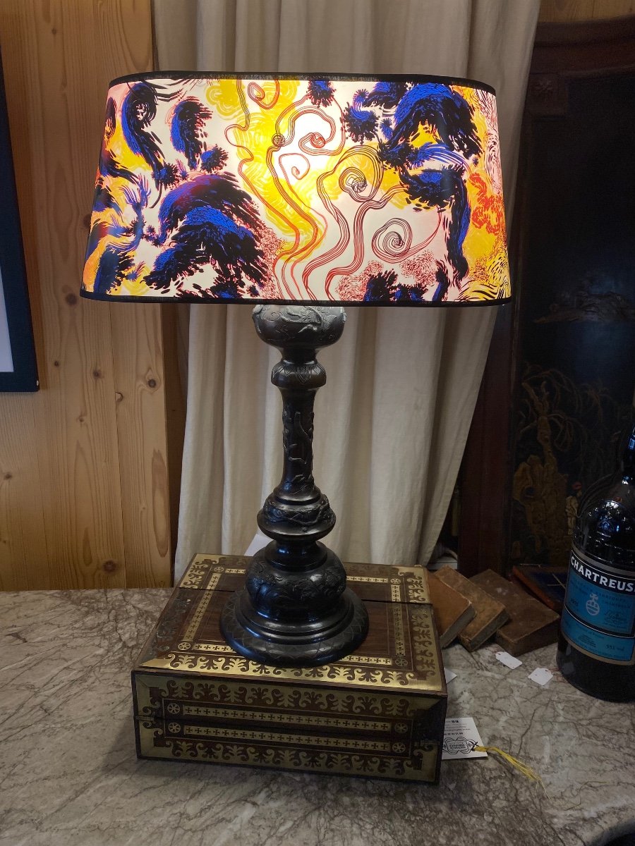 Lamp: 19th Century Japanese Bronze Base, Contemporary Lampshade Creation -photo-2