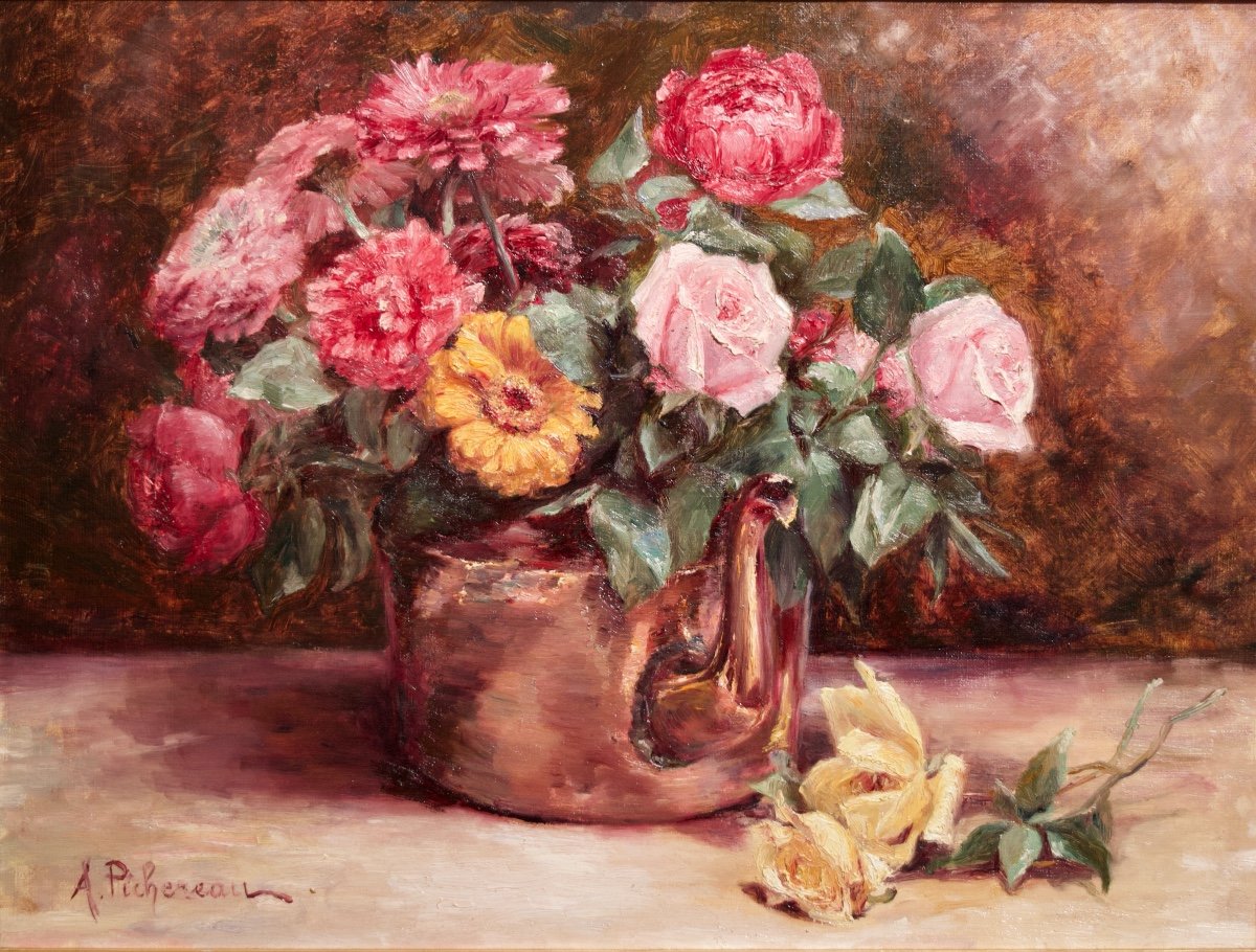 A. Pichereau. Bouquet De Roses Et Zygnas A La Verseuse En Cuivre.