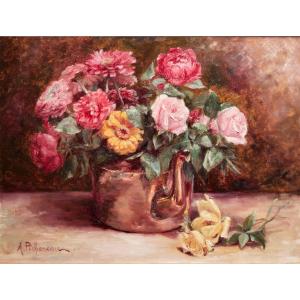 A. Pichereau. Bouquet De Roses Et Zygnas A La Verseuse En Cuivre.