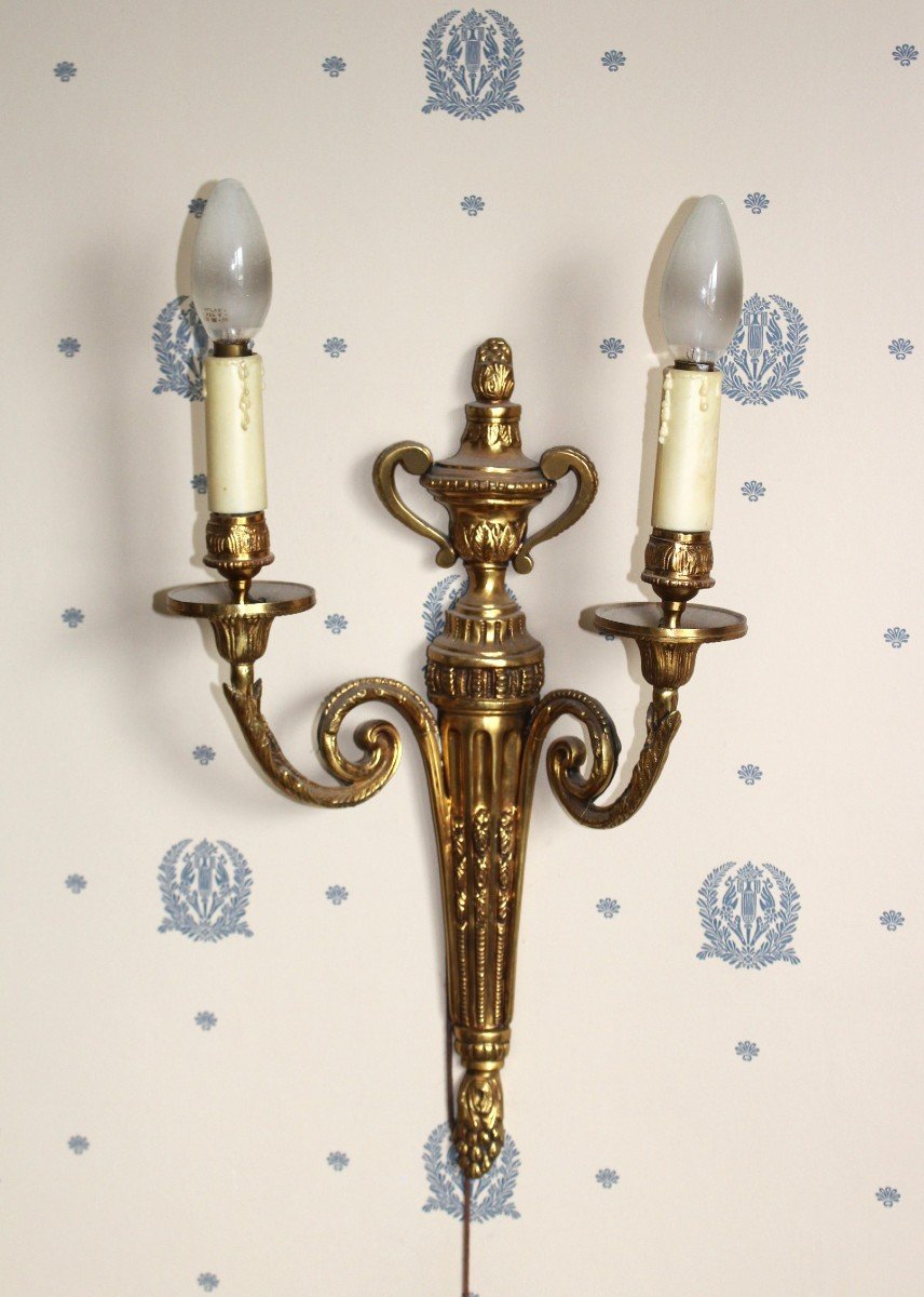 Pair Of Louis XVI Style Sconces In Gilt Bronze With Lampshade-photo-4