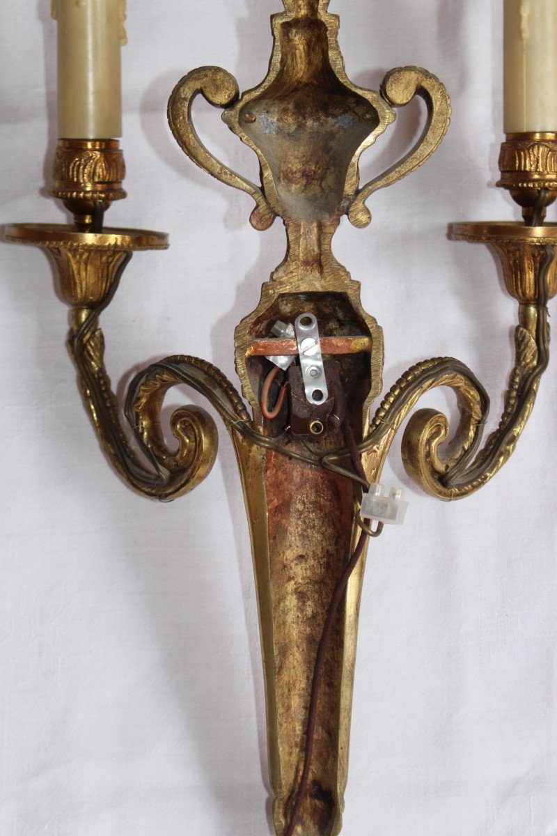 Pair Of Louis XVI Style Sconces In Gilt Bronze With Lampshade-photo-4