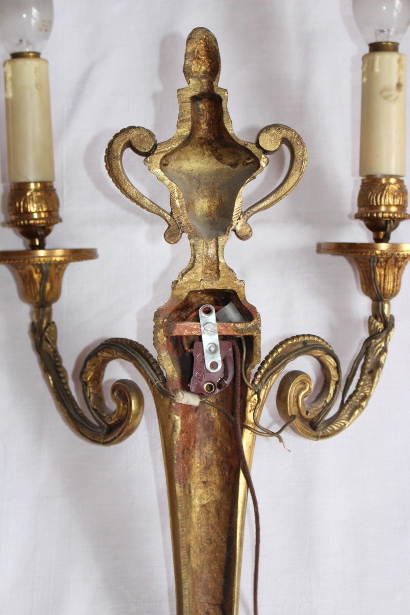 Pair Of Louis XVI Style Sconces In Gilt Bronze With Lampshade-photo-5