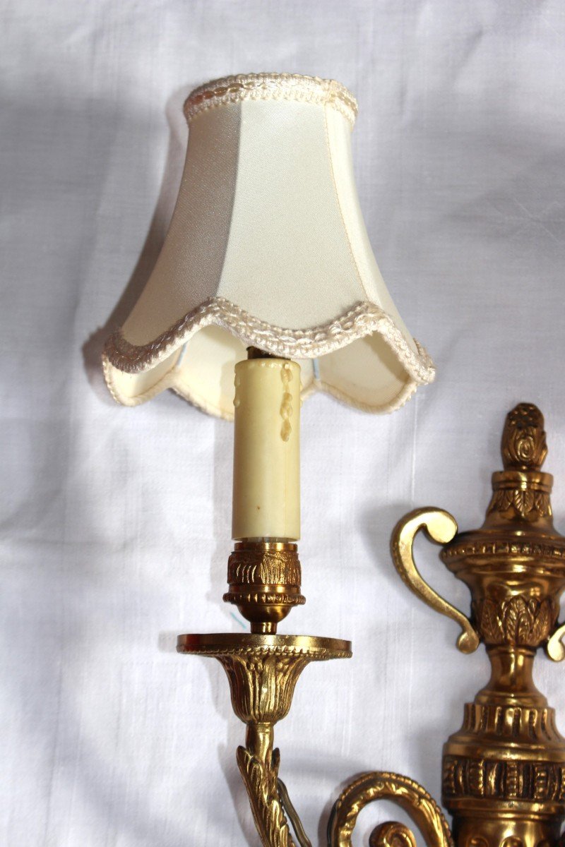 Pair Of Louis XVI Style Sconces In Gilt Bronze With Lampshade-photo-7