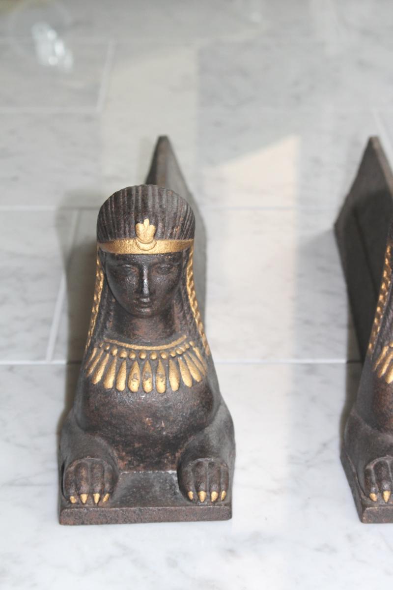 Pair Of Chenets Sphinx Cast Iron Return Of Egypt Empire-photo-4