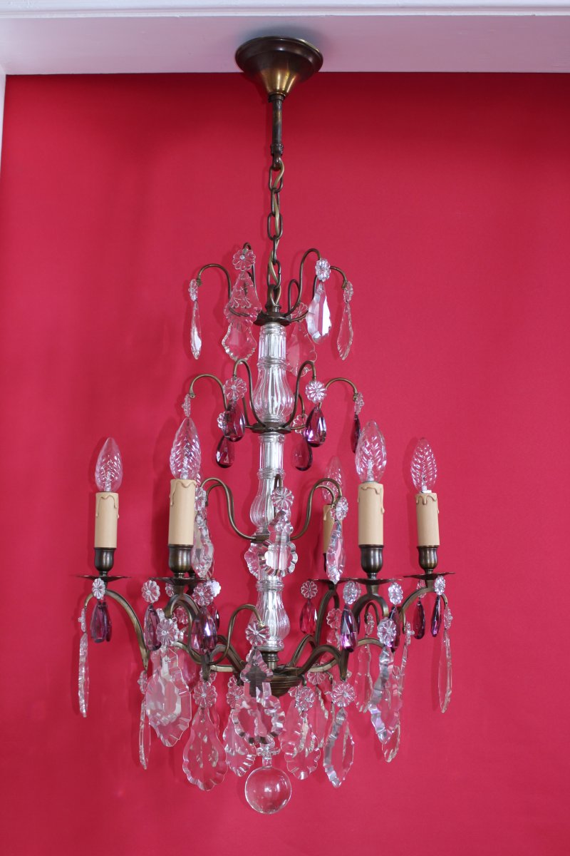 Grand Lustre Cage Bronze 6 Feux Et Pampilles Style Louis XV-photo-2