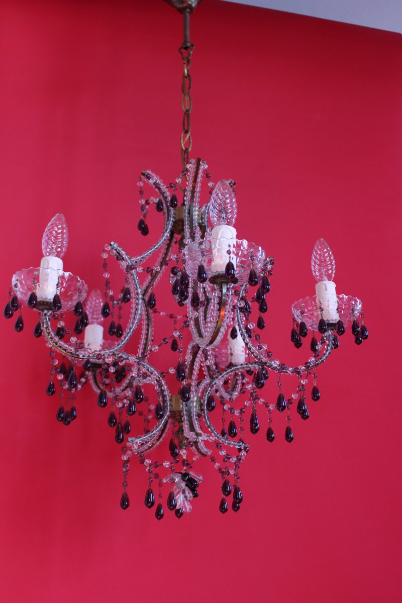 Chandelier With Five Arms Of Light With Clear Pearls And Amethyst Color-photo-5