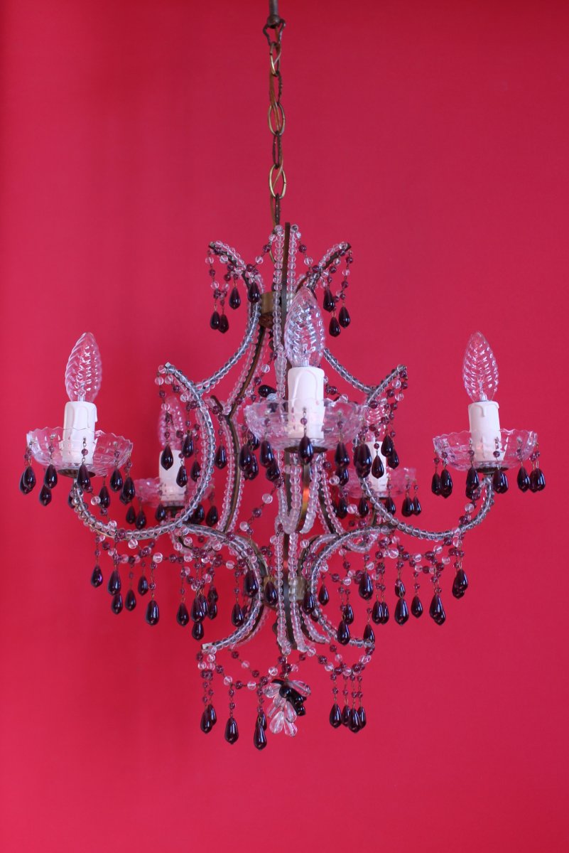 Chandelier With Five Arms Of Light With Clear Pearls And Amethyst Color-photo-6