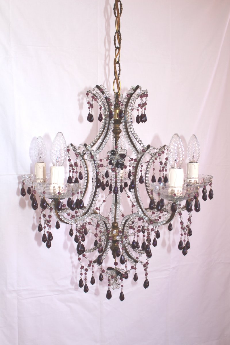 Chandelier With Five Arms Of Light With Clear Pearls And Amethyst Color-photo-8