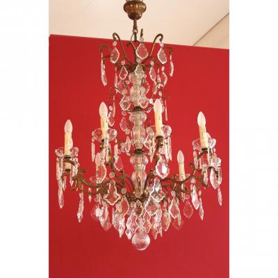 Large Chandelier With Pendants And Bronze - 9 Arms