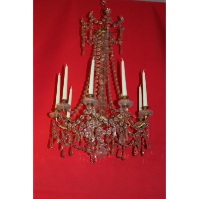 Large Chandelier Cage Bronze 9 Lights And Crystal 19th