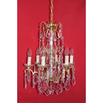 Gilt Bronze Cage Chandelier 6 Lights And Pampilles Louis XVI Style