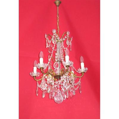 Chandelier Signed Baccarat 6 Lights End Nineteenth Gilt Bronze And Crystal