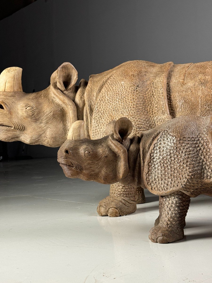 Hand Carved Rhinoceros Statues 1960