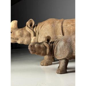 Hand Carved Rhinoceros Statues 1960