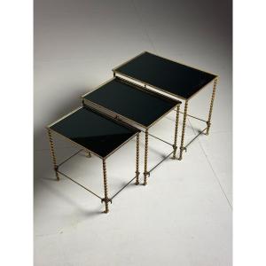 Black Mirror Glass Rope Nesting Tables Gold Plated