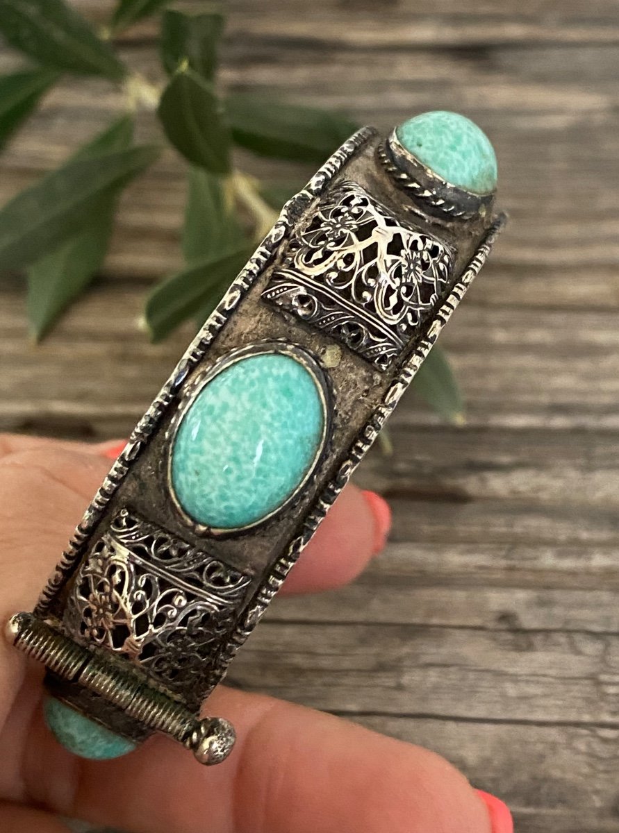 Bracelet Rigide Argent Massif Et Cabochons Turquoise Style berbère -photo-4