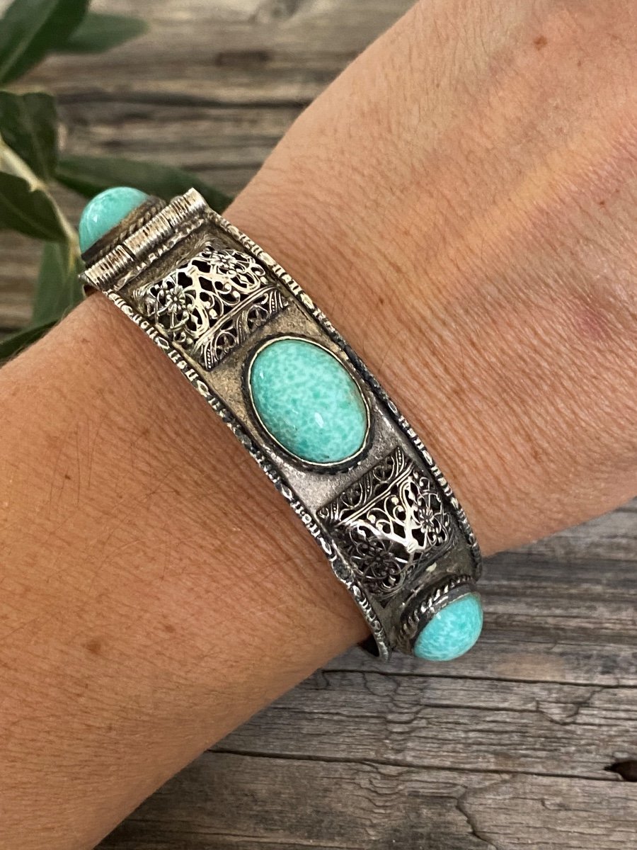 Bracelet Rigide Argent Massif Et Cabochons Turquoise Style berbère 