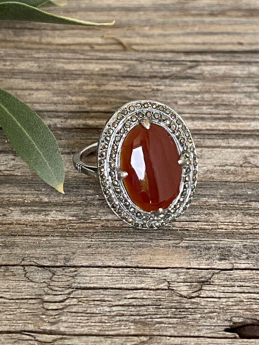 Art Deco Ring 1925 Pompadour Carnelian Marcassites