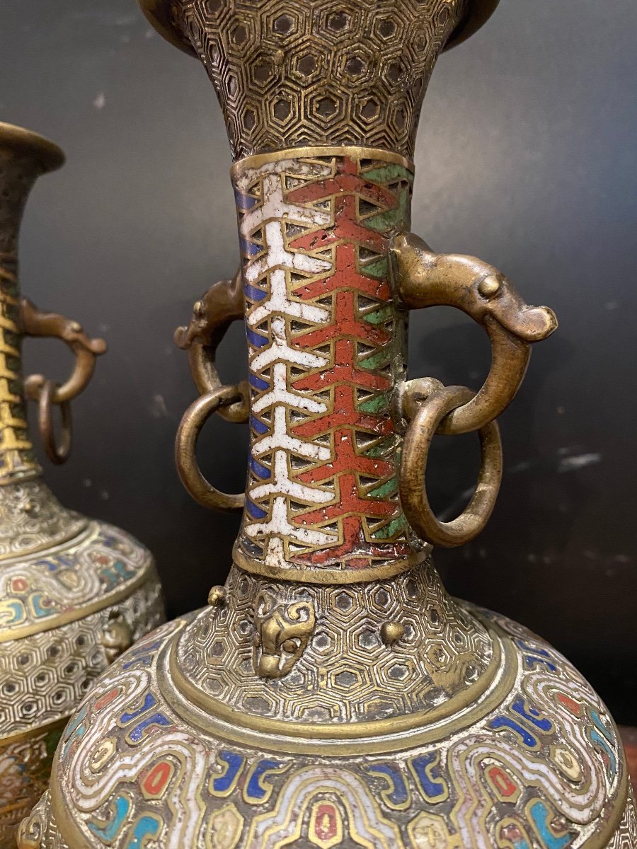 Paire De Vases Bronze Cloisonné XIX Art Asiatique -photo-2