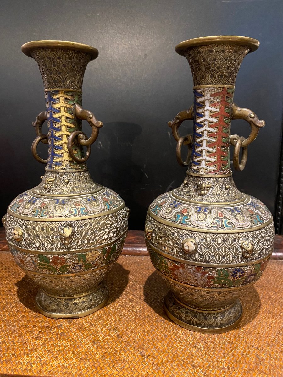 Paire De Vases Bronze Cloisonné XIX Art Asiatique -photo-1