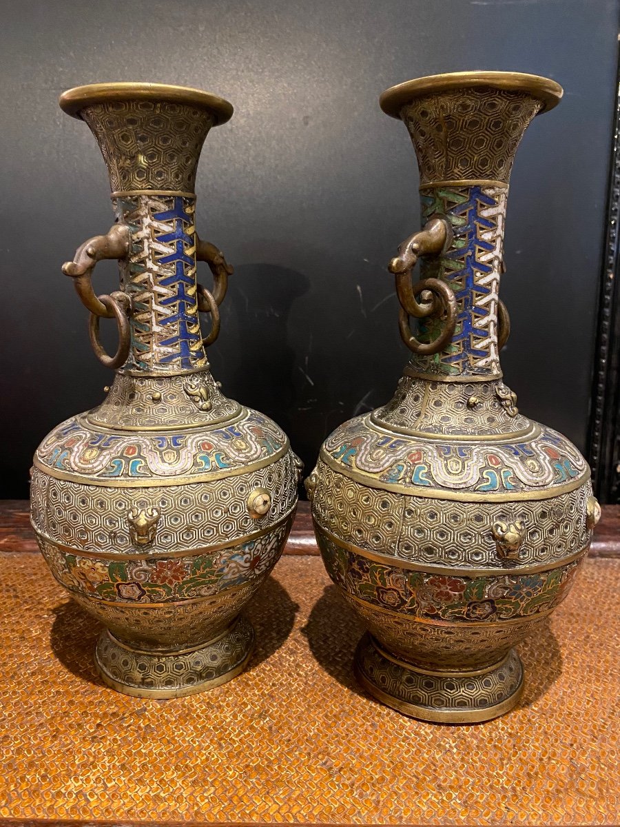 Paire De Vases Bronze Cloisonné XIX Art Asiatique -photo-2