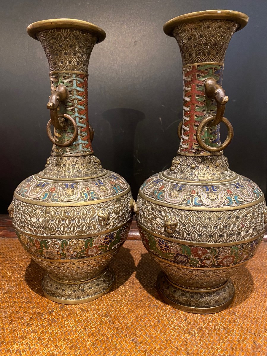 Paire De Vases Bronze Cloisonné XIX Art Asiatique -photo-4