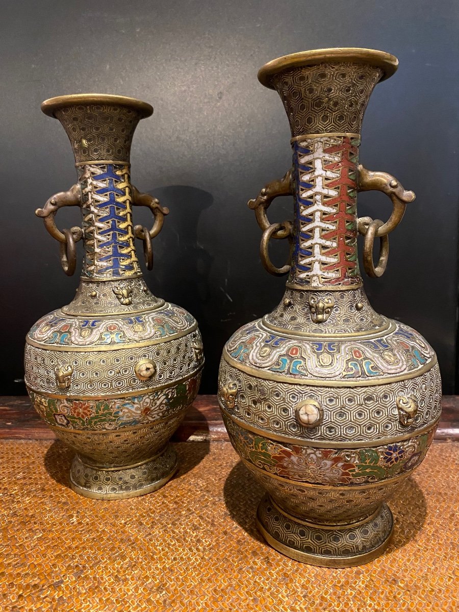 Paire De Vases Bronze Cloisonné XIX Art Asiatique 