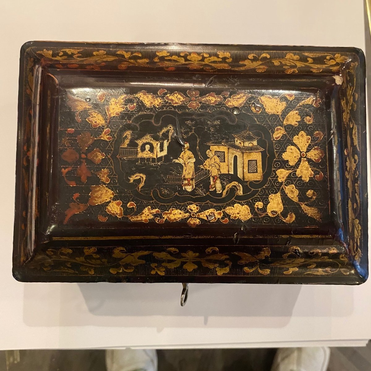 Antique 19th Century Chinese Lacquer Tea Box With Painted Gilding Napoleon III Decor-photo-2