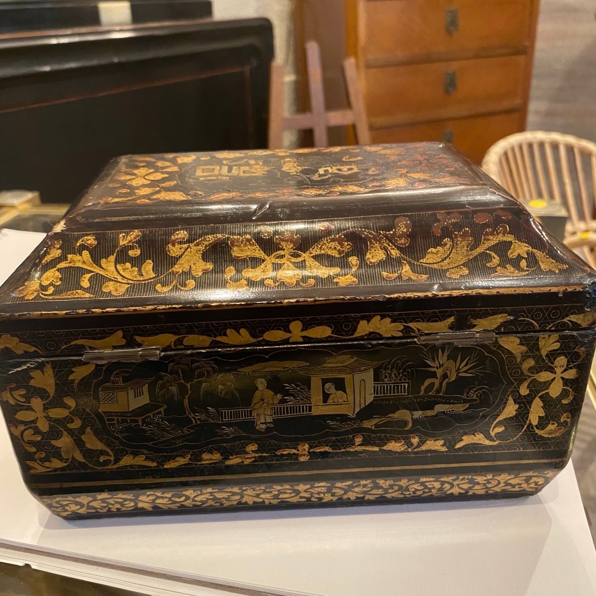 Antique 19th Century Chinese Lacquer Tea Box With Painted Gilding Napoleon III Decor-photo-1