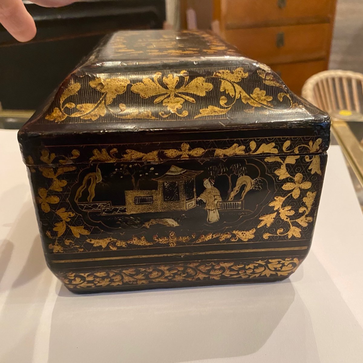 Antique 19th Century Chinese Lacquer Tea Box With Painted Gilding Napoleon III Decor-photo-2