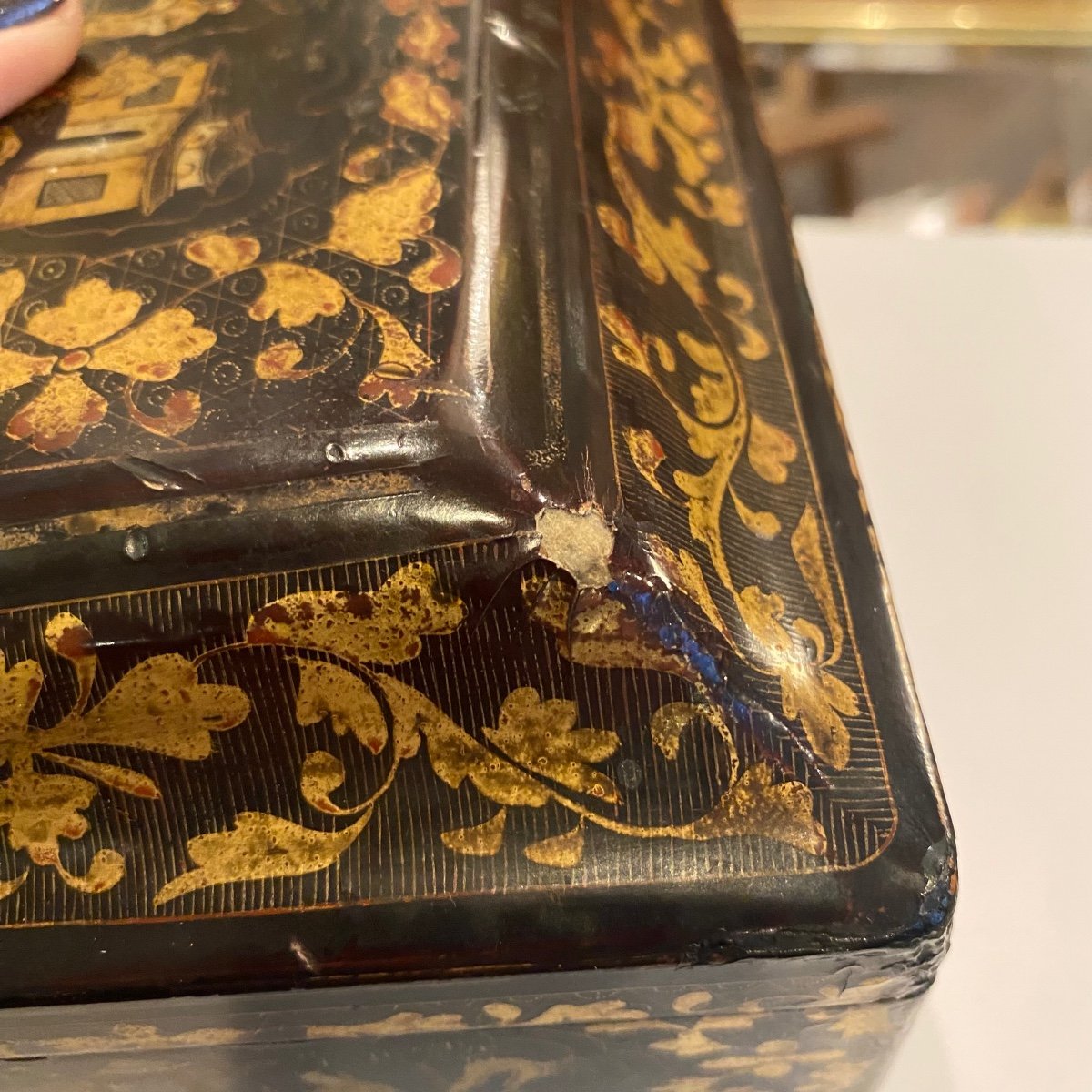 Antique 19th Century Chinese Lacquer Tea Box With Painted Gilding Napoleon III Decor-photo-3