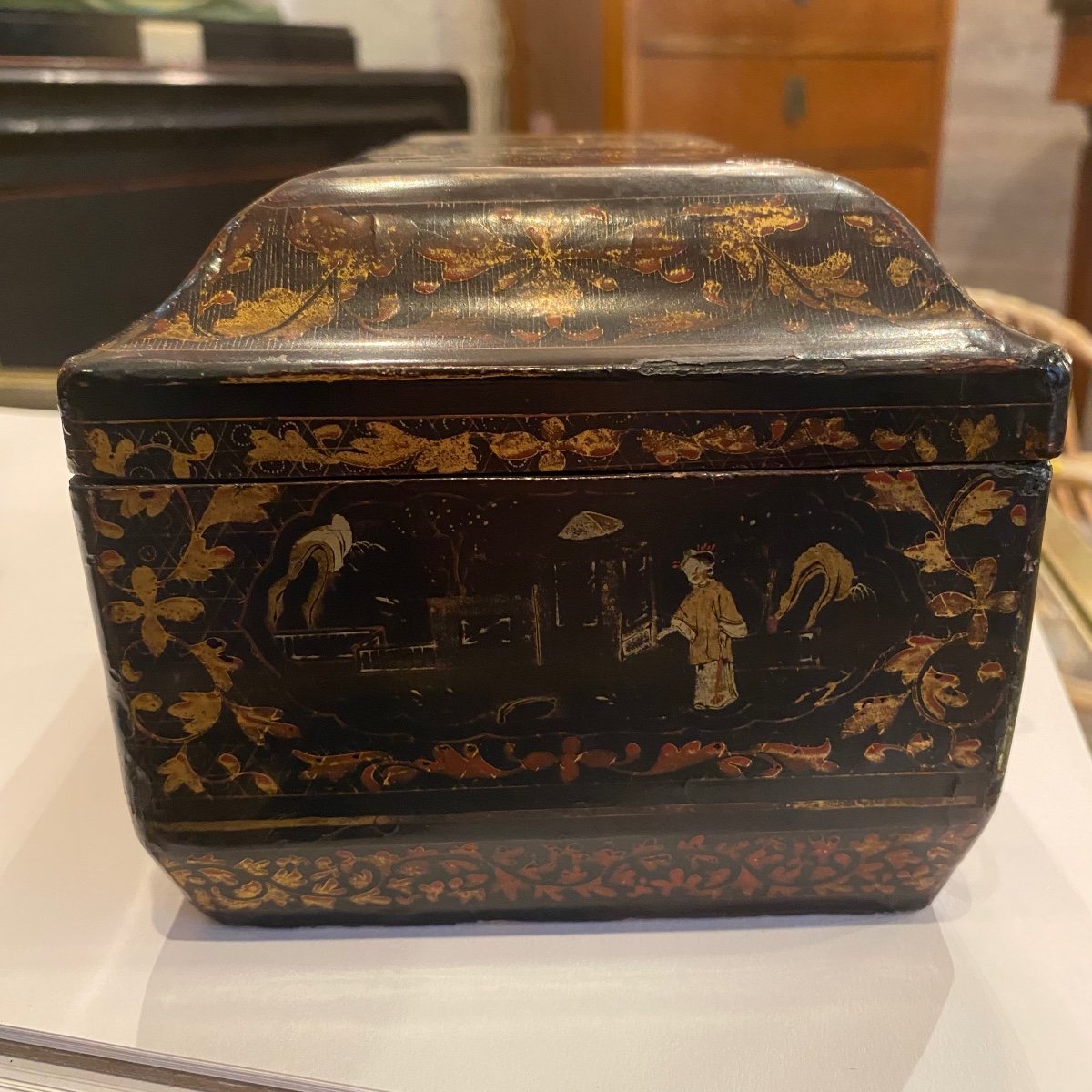 Antique 19th Century Chinese Lacquer Tea Box With Painted Gilding Napoleon III Decor-photo-6