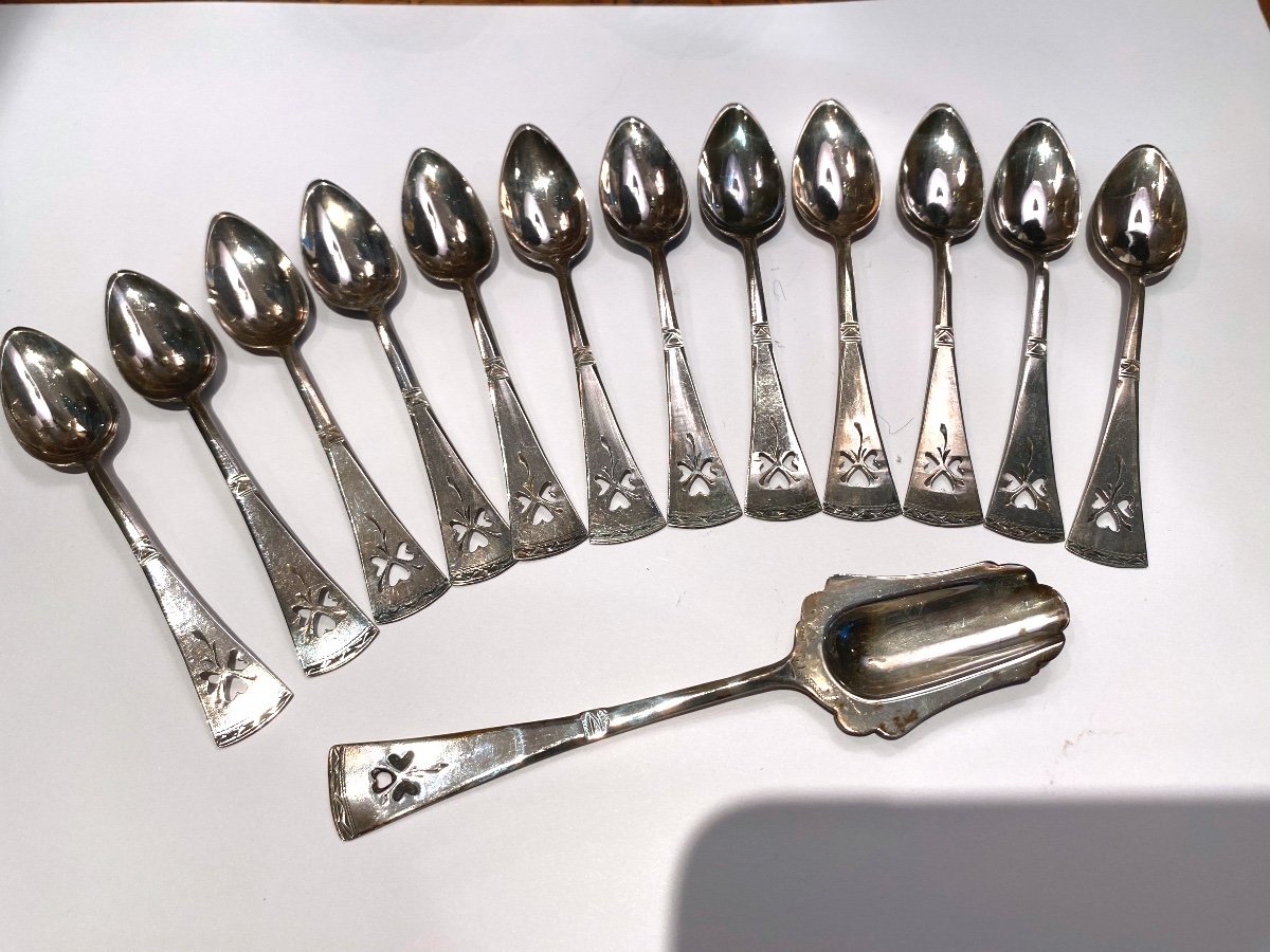 12 Dutch Solid Silver Moka Coffee Spoons 19th Century 