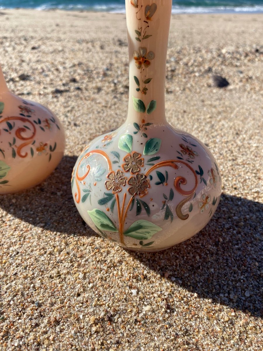 Pair Of 19th Century Enamelled Opaline Vases, Napoleon III Soliflore-photo-2