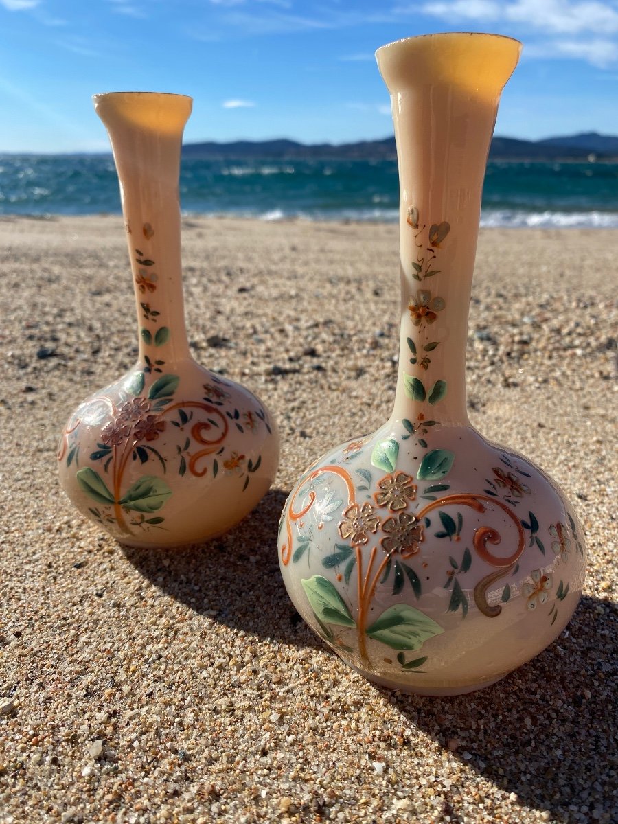 Pair Of 19th Century Enamelled Opaline Vases, Napoleon III Soliflore-photo-3