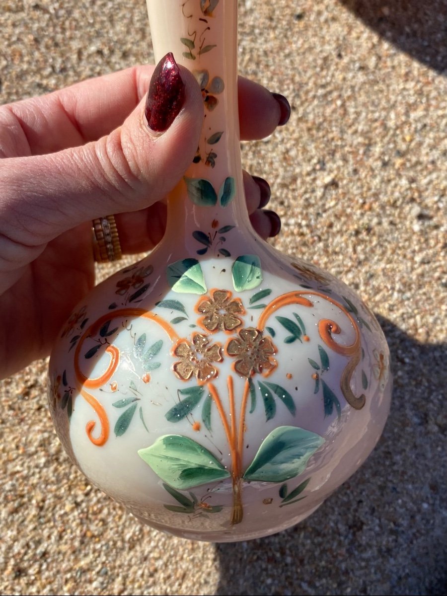 Pair Of 19th Century Enamelled Opaline Vases, Napoleon III Soliflore-photo-4