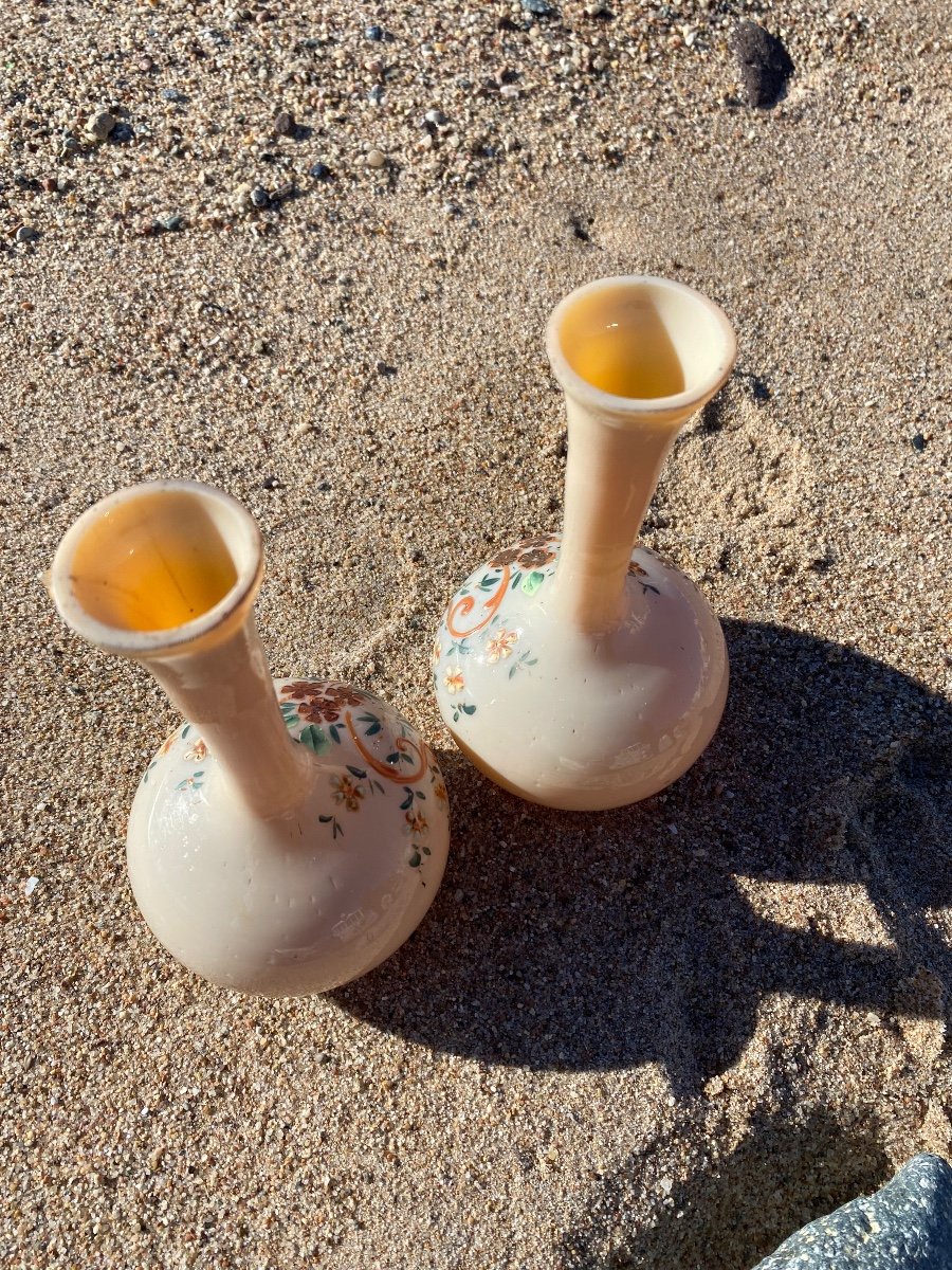 Pair Of 19th Century Enamelled Opaline Vases, Napoleon III Soliflore-photo-2