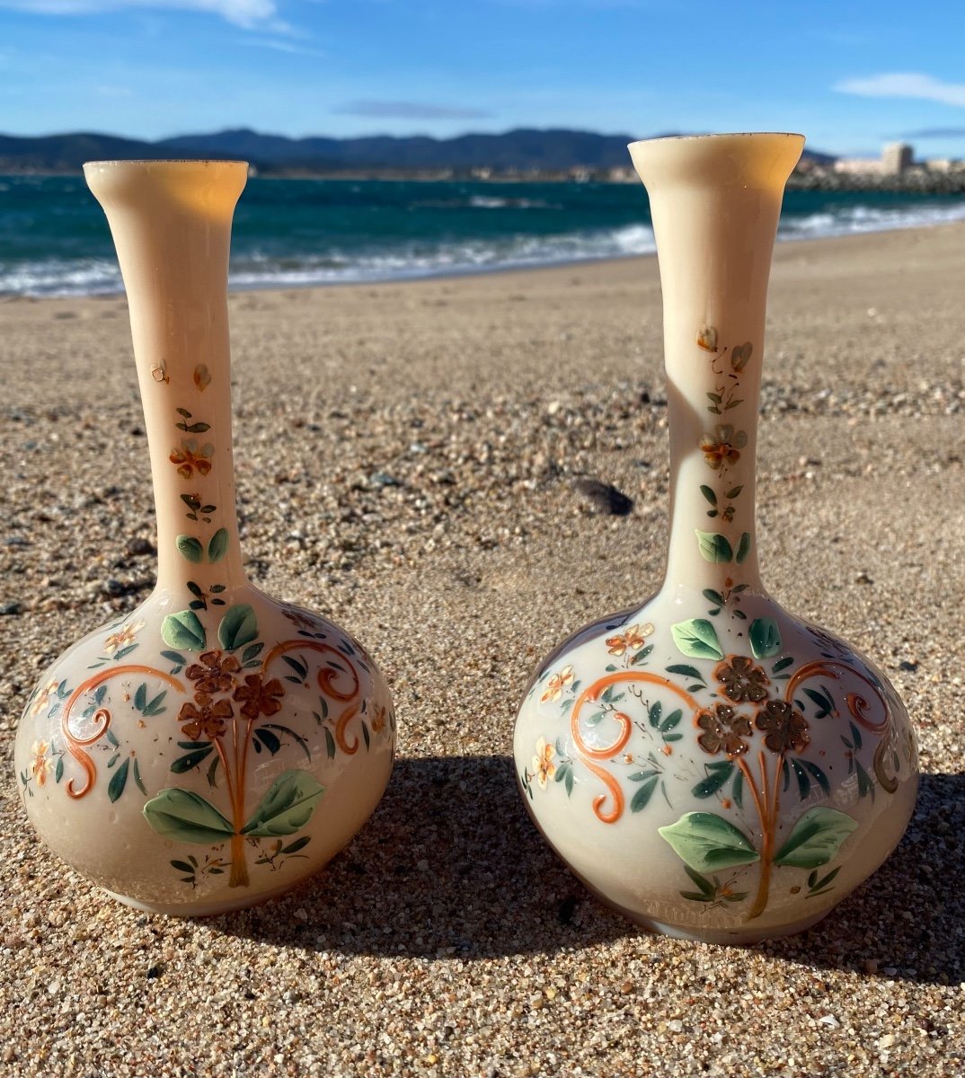 Pair Of 19th Century Enamelled Opaline Vases, Napoleon III Soliflore