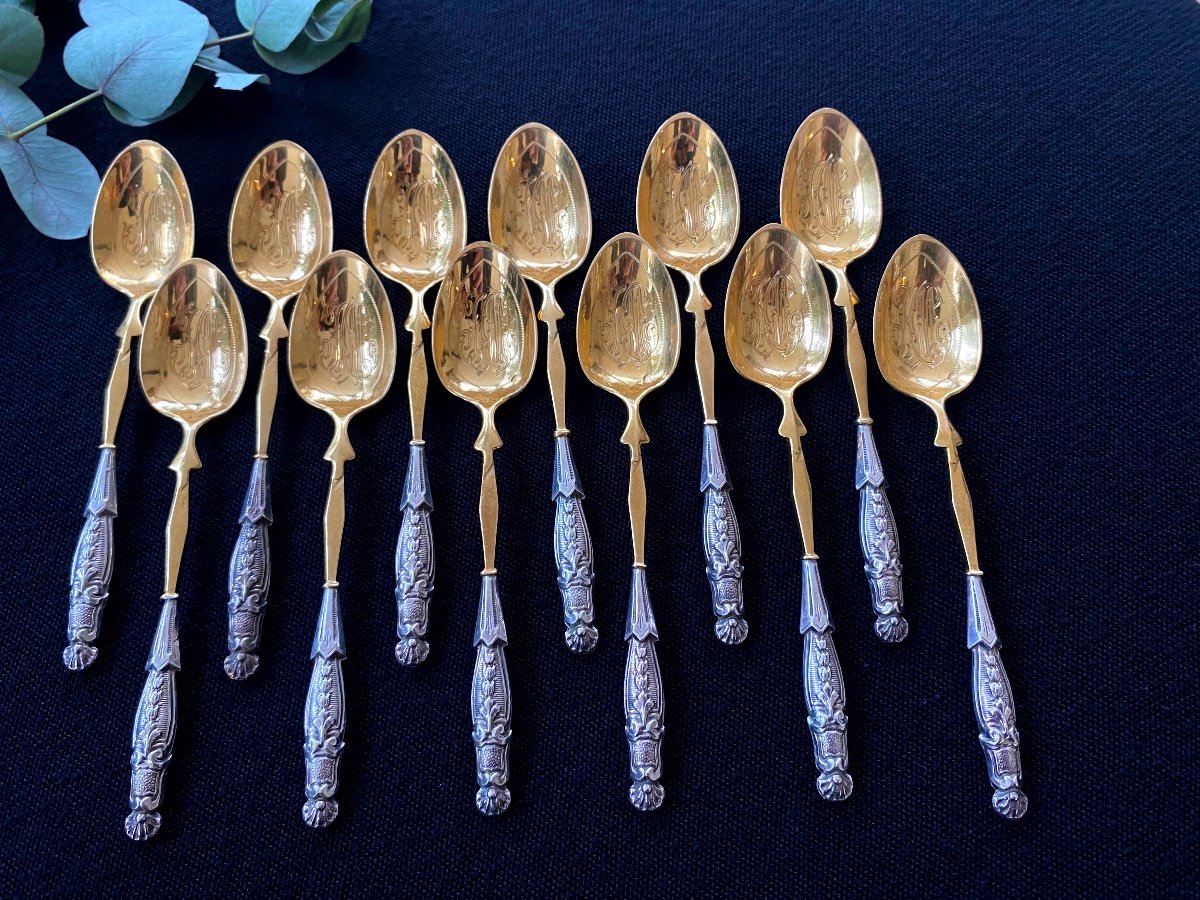 12 Louis XV Sterling Silver Vermeil Dessert Spoons 