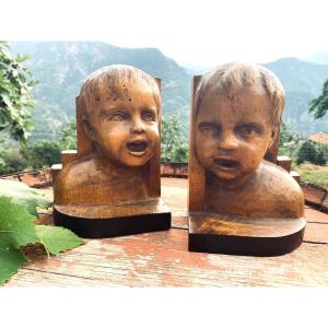 Pair Of Carved Wood Bookends Baby Child Head 