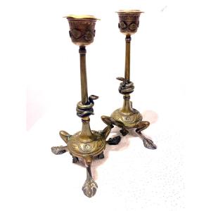 Rare Pair Of Early Art Nouveau Bronze Serpent Candlesticks 