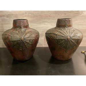 Pair Of Art Nouveau Spider Web Vases Josef Strnact Turn Teplitz 1900-1920