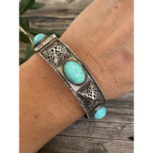 Rigid Bracelet In Solid Silver And Turquoise Cabochons In Berber Style 